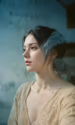a woman with her eyes closed wearing a light sweater