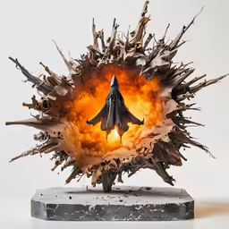 the model fighter jet is exploding into the ground