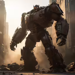 a large metal robot standing in a city on a cloudy day