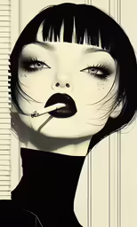 a woman with bangs and a black dress is smoking