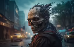 a creepy looking zombie in the middle of a city