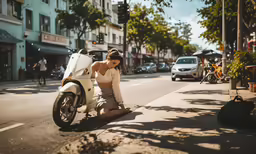 the woman is kneeling down on the side of the road