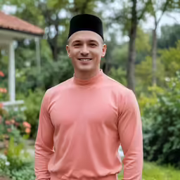 the man is smiling at the camera in a pink outfit