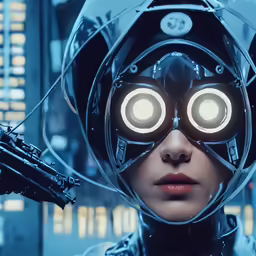 a robot and a woman look through binoculars