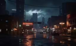 a rainy night in a city with street lights and signs