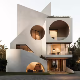 a modern home with circular balconies and stairs