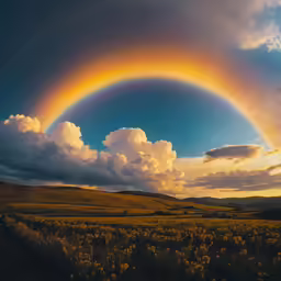 a rainbow is shining down on the grass