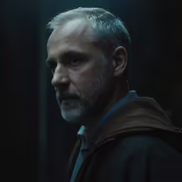 a man with gray hair and beard in a dark alley
