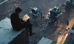 a man is reading a book while surrounded by many machines