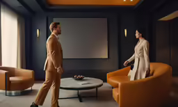 two people looking at each other in a room with orange chairs and a round table