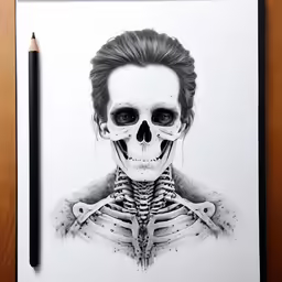a skull drawing with a black pencil in front of it