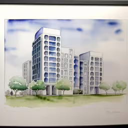 this painting depicts buildings and trees on the outskirts,the building painting has blue and white colors,a painting of buildings in a field next to trees,a watercolor drawing of an apartment building,a watercolor painting of some buildings with trees