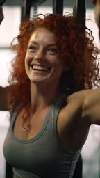 a woman is smiling on the pull up bars,the young woman smiles happily while hanging onto the bar in the gym