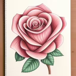 a rose with green leaves on it, is shown in colored pencil,a drawing of a pink rose that is on a book