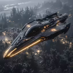 a futuristic car flying over a forest next to a night scene