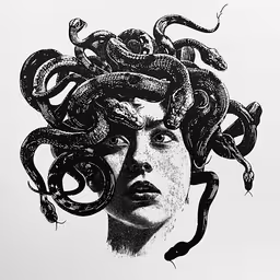 a drawing of a woman with snakes on her head,a woman with snakes on her head