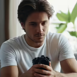 a man in white shirt holding camera taking a photo