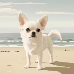 white dog standing on beach with waves in background