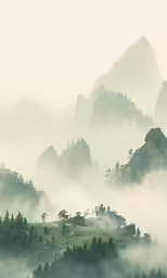 an image of a mountain with fog rising