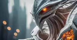 a statue with a red glowing eye and an evil face