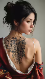 a woman with a back tattoo looks off to the side