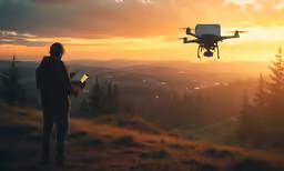 a man is flying a remote controlled aircraft at sunrise