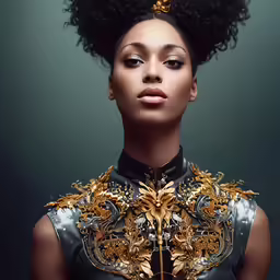 a woman with her hair up and gold embellishment on her neck