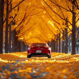 a red car is parked in the middle of a road,a car parked on the side of a road surrounded by trees