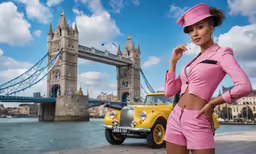 a young woman is standing in front of a car