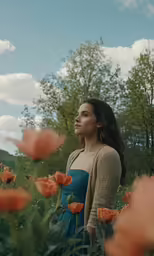 a woman in a blue dress standing in the middle of an open field