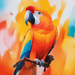 colorful parrot perched on tree branch next to a colorful background