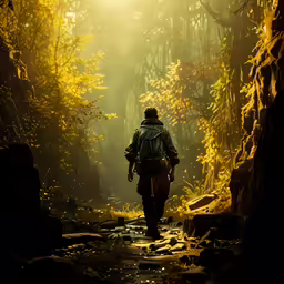 there is a man walking in the woods