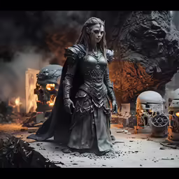 a woman in a costume and many skulls