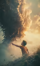 young child playing with tree blowing in the wind
