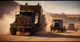 an off road dump truck and a semi truck are in a desert,the three trucks are driving through the desert