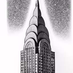 architectural artwork featuring a black and white photo of a skyscraper