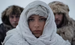 a woman with winter clothes on and head scarf over her shoulders
