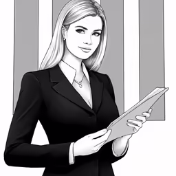 a woman in business clothes holding an folder