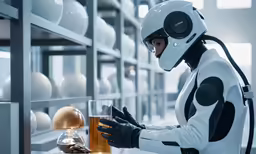 a man dressed like the robot standing in front of some shelves