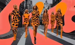 four women wearing leopard print dresses walking on a street