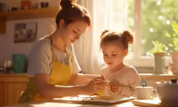 mother and daughter sharing a meal at the kitchen table