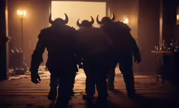 a trio of horned men standing in an empty hallway