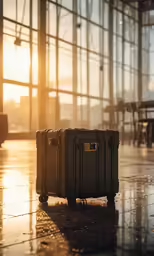 a piece of luggage sits alone in a very big building