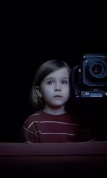 a young girl holds a camera up in the dark