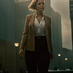 woman walking in a suit in front of the city skyline