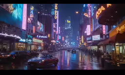 a wet city with cars, people and neon lights