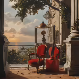an old chair sitting in front of a balcony