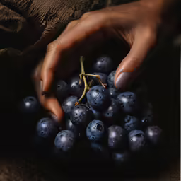 a person holds grapes in their hand and points them