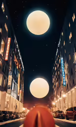 a bunch of big round lights hanging from the sky above