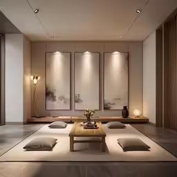 a living room with tatami mats and vases